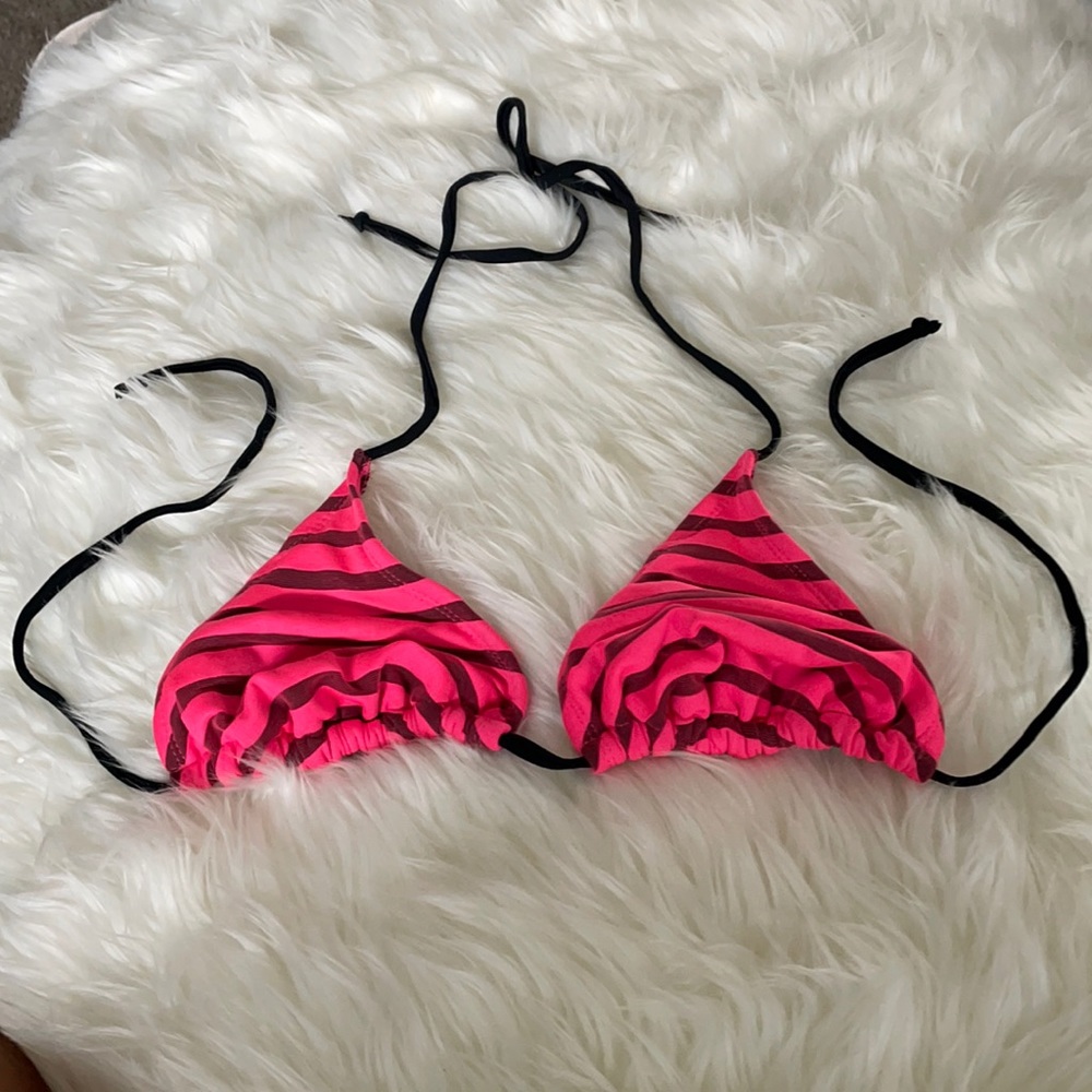 Custom Pink/Black Triangle Tie Bikini top -Large